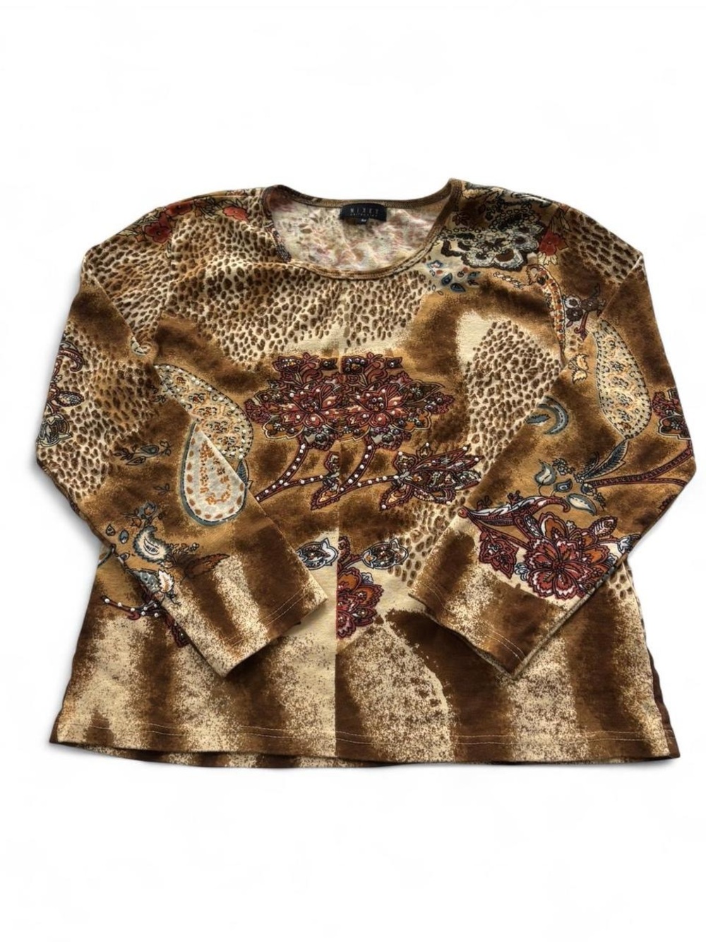 NY Collection Brown Velvet-Texture Paisley Floral Long Sleeve Top